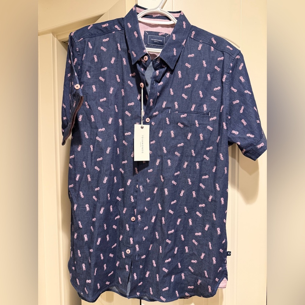7 Diamonds Dark Denim Shirt with Pink Pineapples